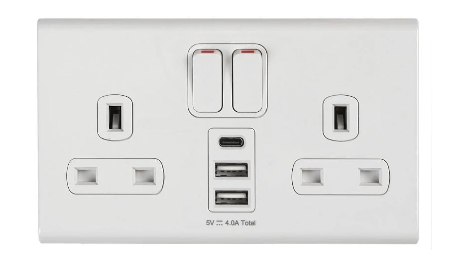 Deta Slimline Screwless 13A 2 Gang Switched Socket with 3 USB Ports (1 x Type C + 2 x Type A, 4.0A) White