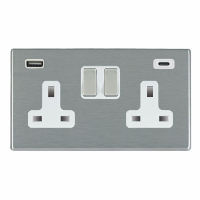 Hamilton Hartland CFX Satin Steel 74CSS2USBCSS-W Switched Double Socket USB + C 2G DP Satin Steel with White Inserts