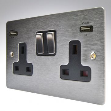Hamilton Sheer Satin Stainless 2 Gang 13A Socket and USB Chargers with Satin Stainless Inserts + Black Surround
