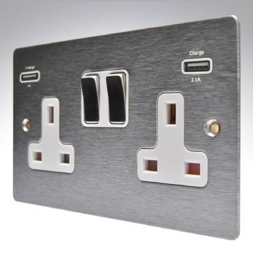 Hamilton Sheer Satin Stainless 2 Gang 13A Socket and USB Chargers with Satin Stainless Inserts + White Surround