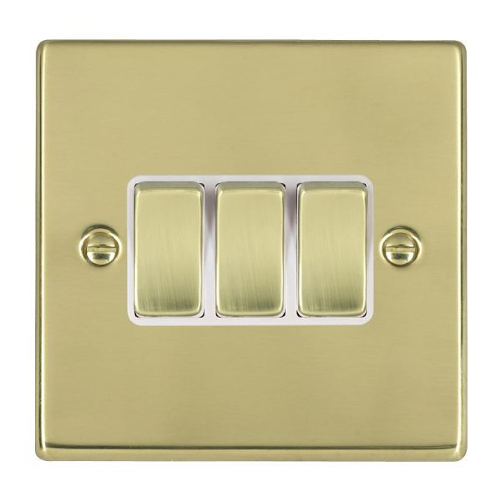 Hamilton Hartland Polished Brass 3 Gang 10AX 2W Rocker Switch with Polished Brass Inserts and White Surrounds