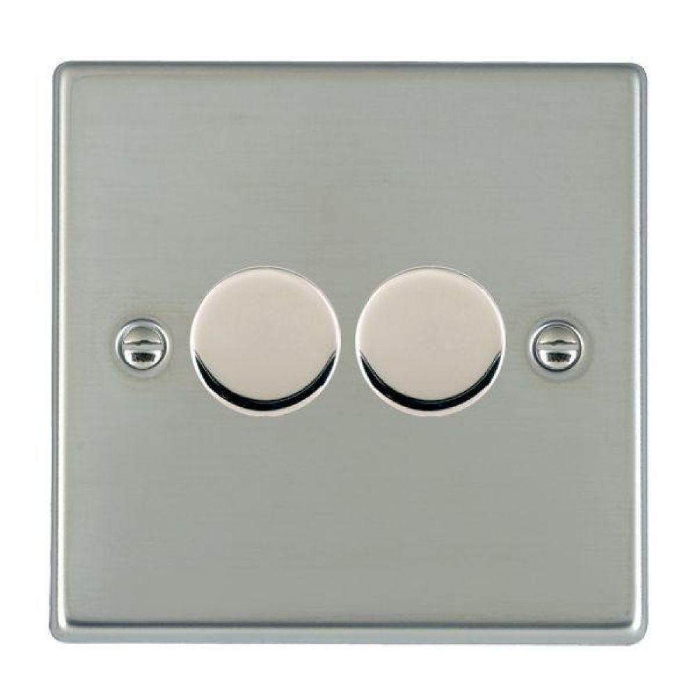 Hamilton Hartland Bright Stainless 2 Gang 400W 2 Way Leading Edge Push On/Off Resitive Dimmer