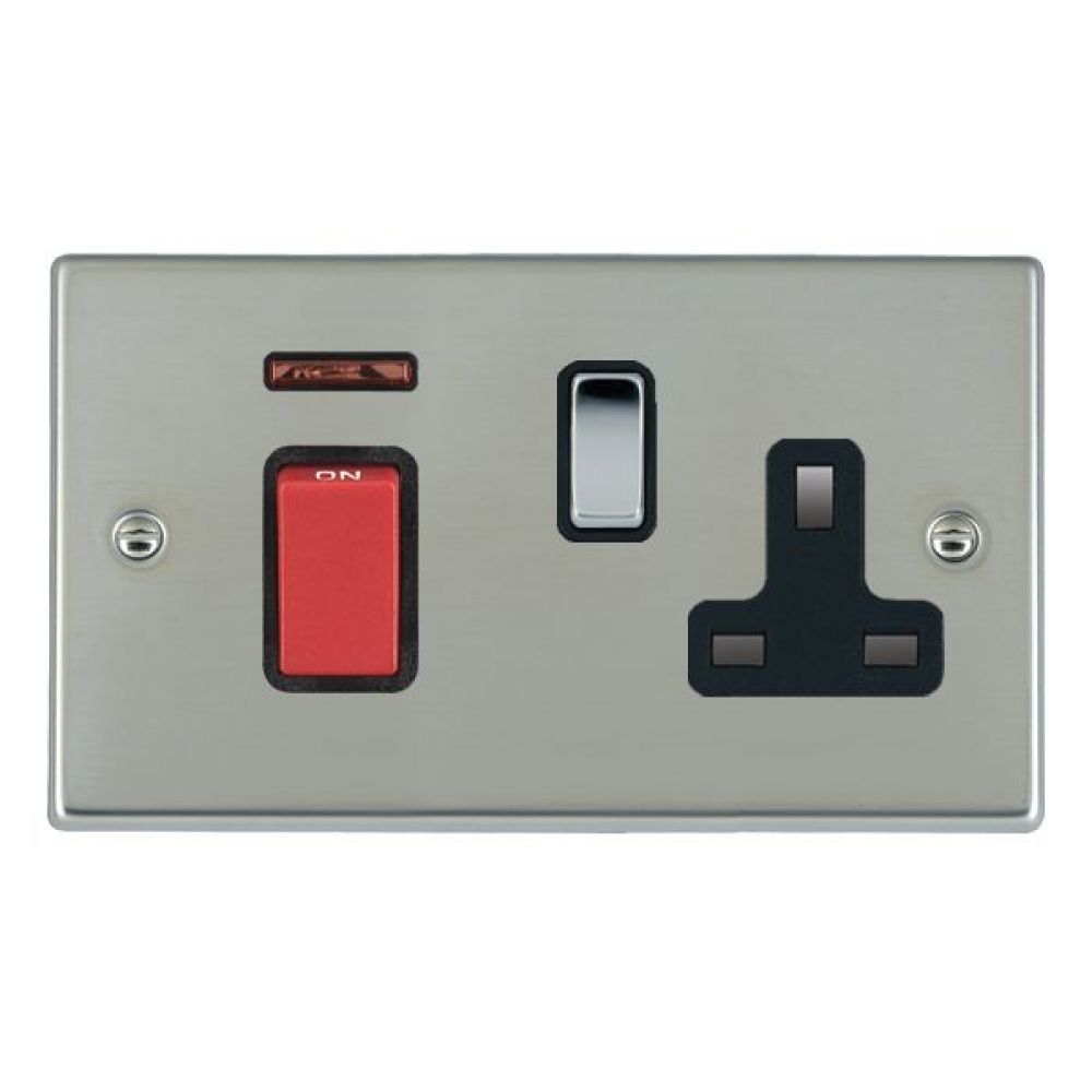 Hamilton Hartland Bright Stainless 45A Double Pole Red Rocker + Neon + 13A Switched Socket with Bright Chrome