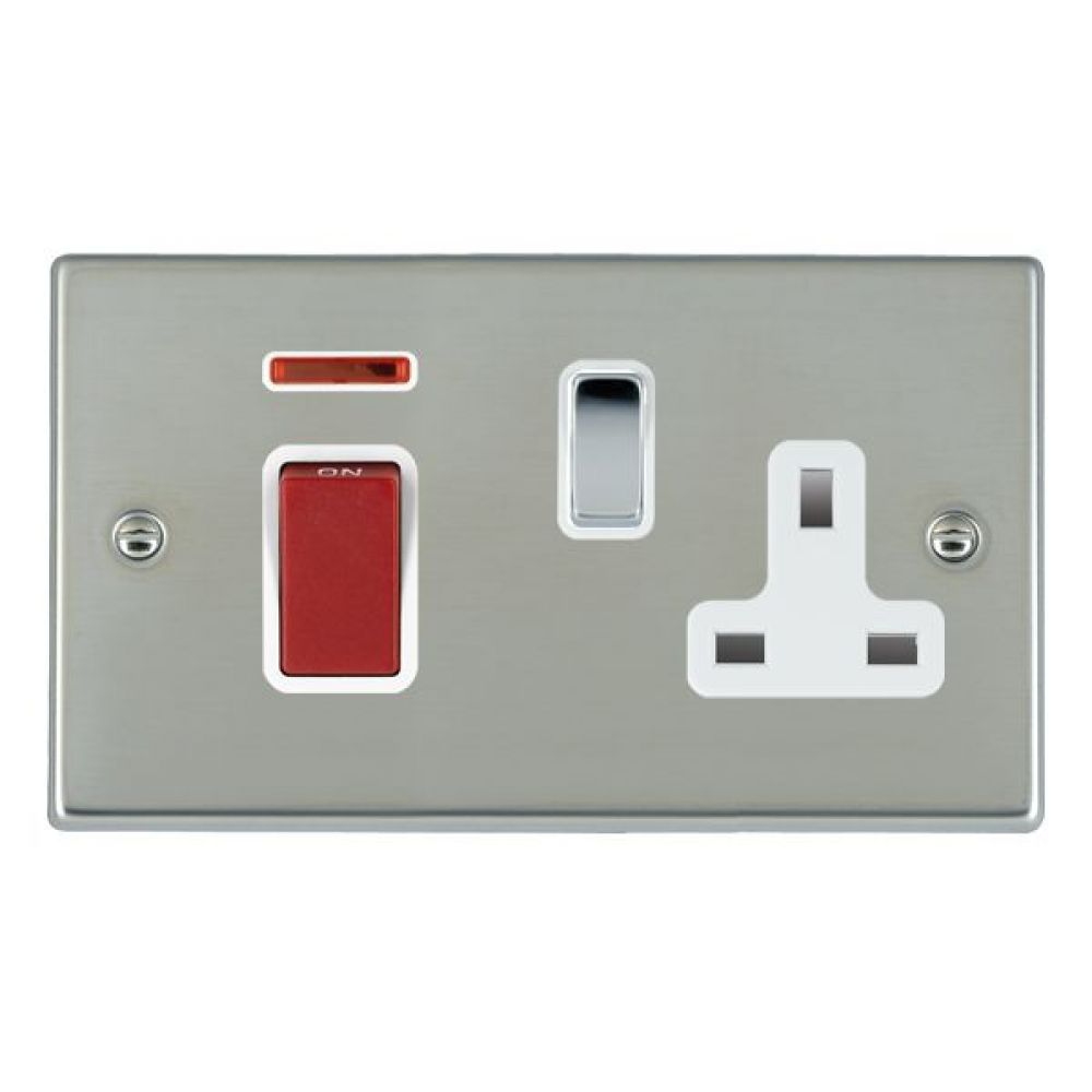 Hamilton Hartland Bright Stainless 45A Double Pole Red Rocker + Neon + 13A Switched Socket with Bright Chrome