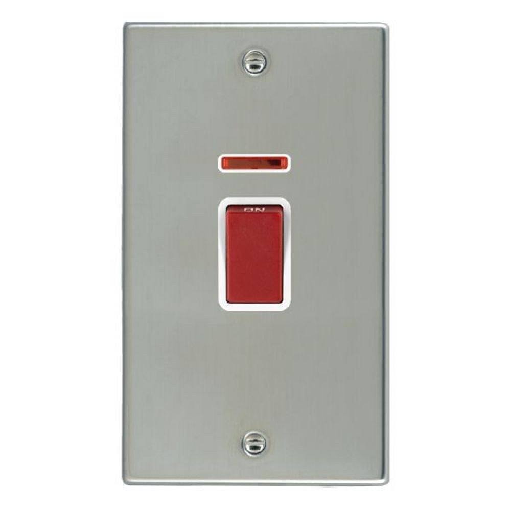 Hamilton Hartland Bright Stainless 1 Gang 45A Double Pole Red Rocker + Neon Vertical Mounted with White Surround
