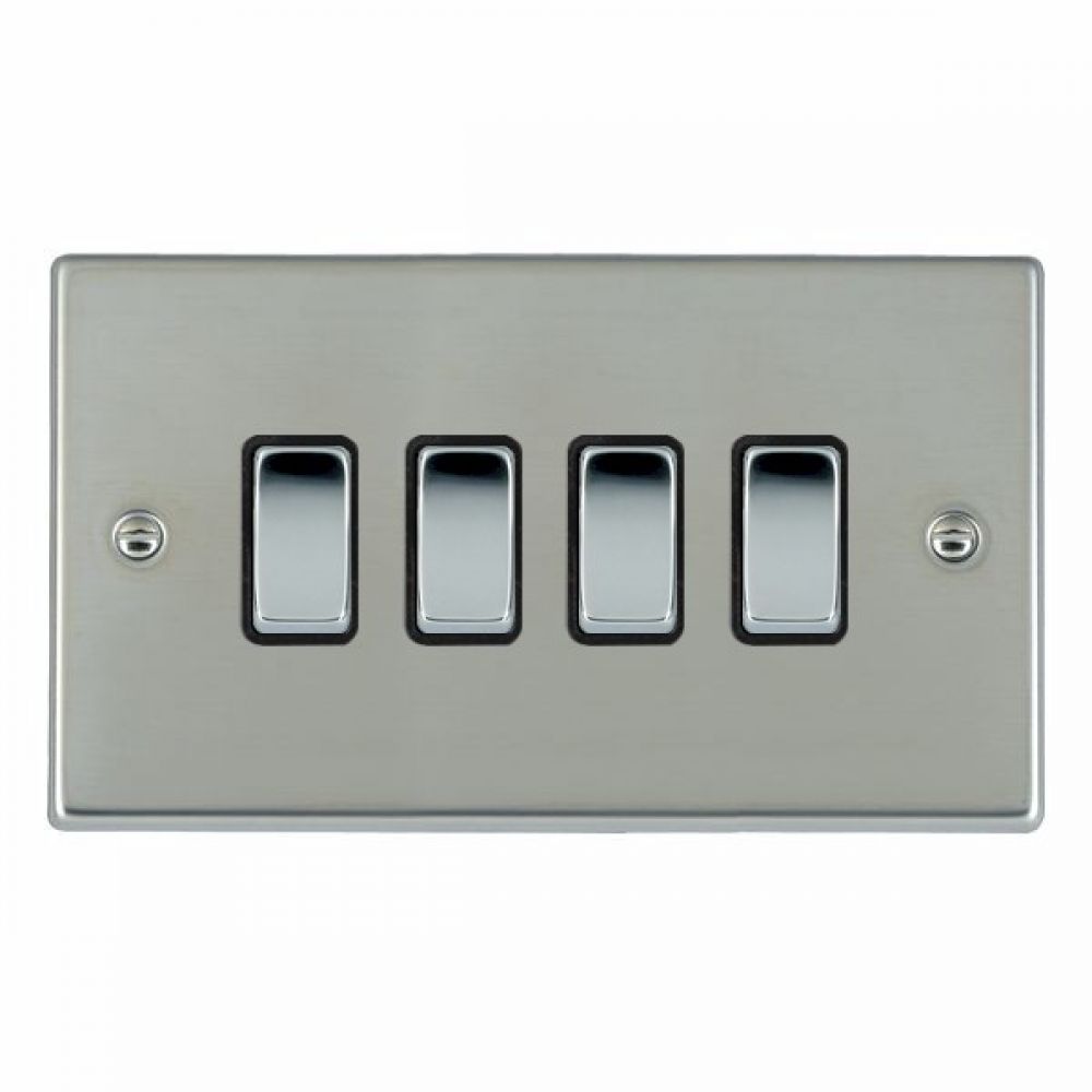 Hamilton Hartland Bright Stainless 4 Gang 10AX 2W Rocker Switch with Bright Chrome Inserts + Black Surround