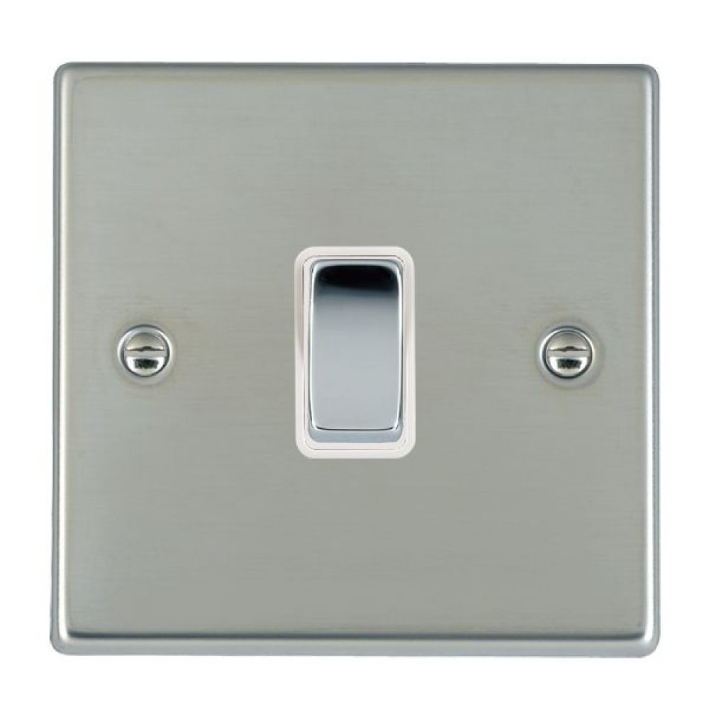 Hamilton Hartland Bright Stainless 1 Gang 10AX Intermediate Rocker Switch with Bright Chrome Inserts + White Surround