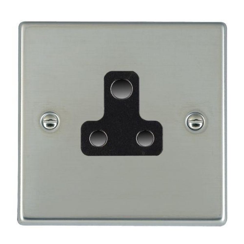Hamilton Hartland Bright Stainless 1 Gang 5A Unswitched Socket with Black Plastic Inserts + Black Surround
