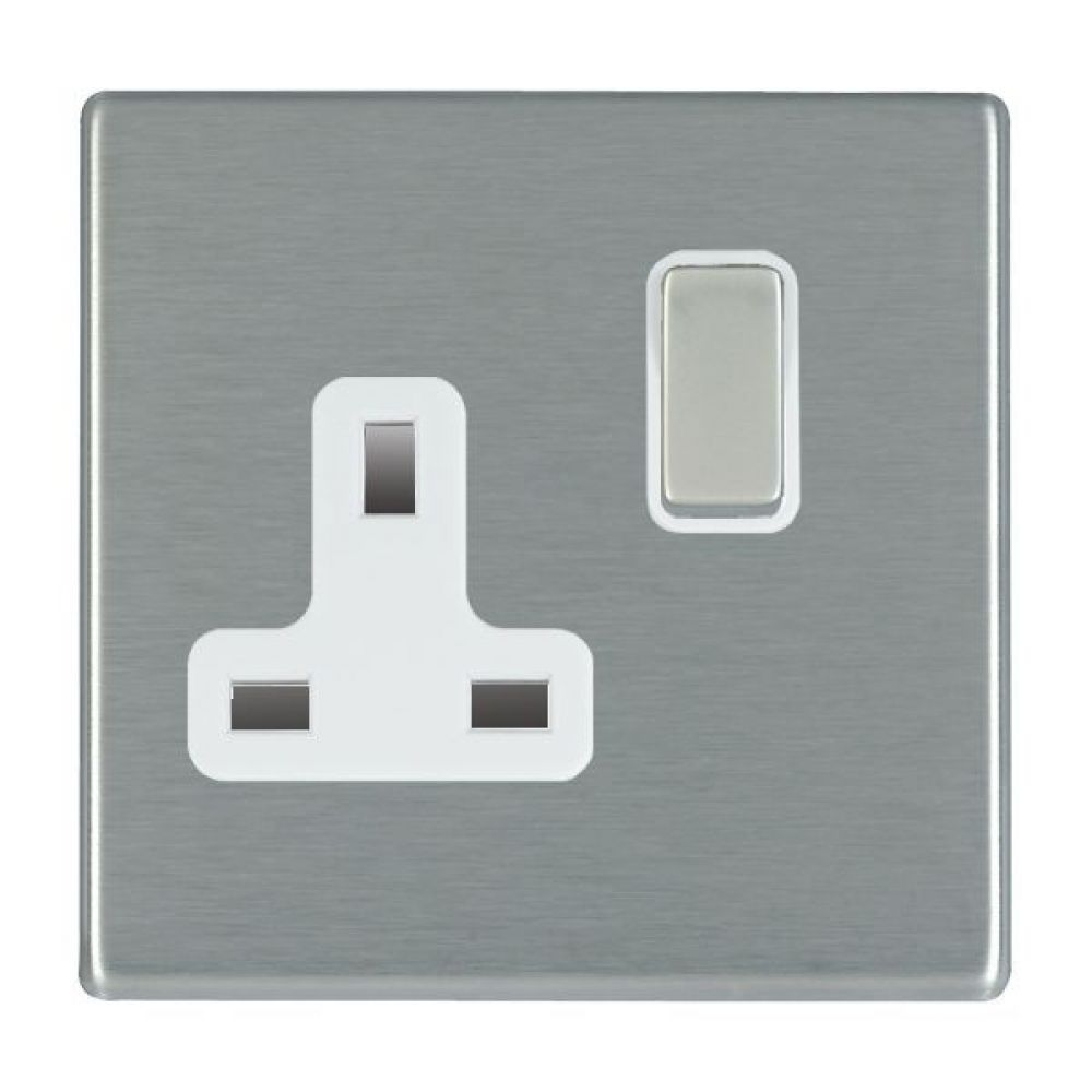 Hamilton Hartland CFX Satin Stainless 1 Gang 13A Double Pole Switched Socket with Satin Stainless Inserts + White Surround
