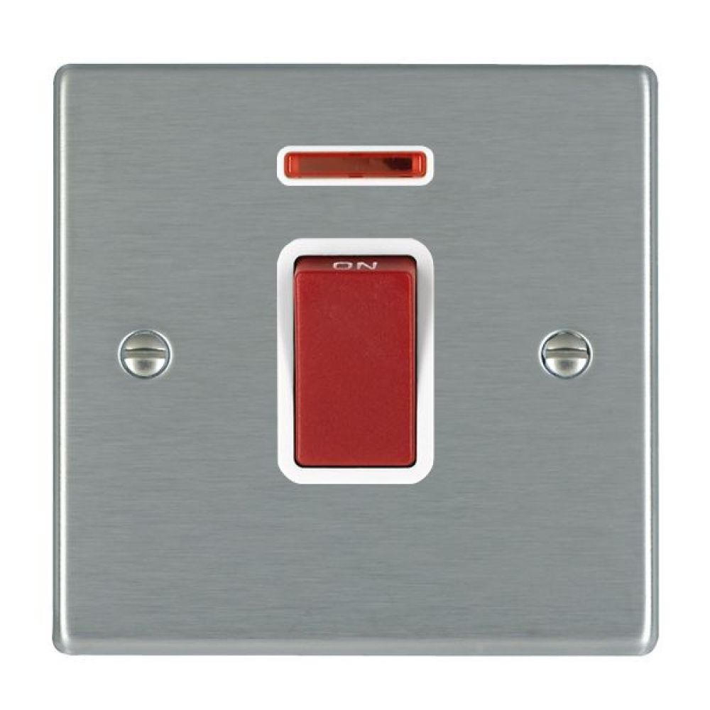 Hamilton Hartland Satin Stainless 1 Gang 45A Double Pole Red Rocker + Neon with White Surrounds