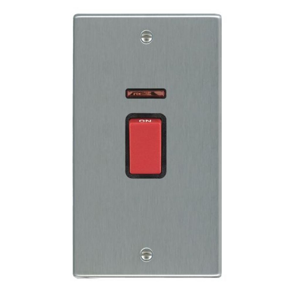Hamilton Hartland Satin Stainless 1 Gang 45A Double Pole Red Rocker + Neon Vertical Mounted with Black Surround