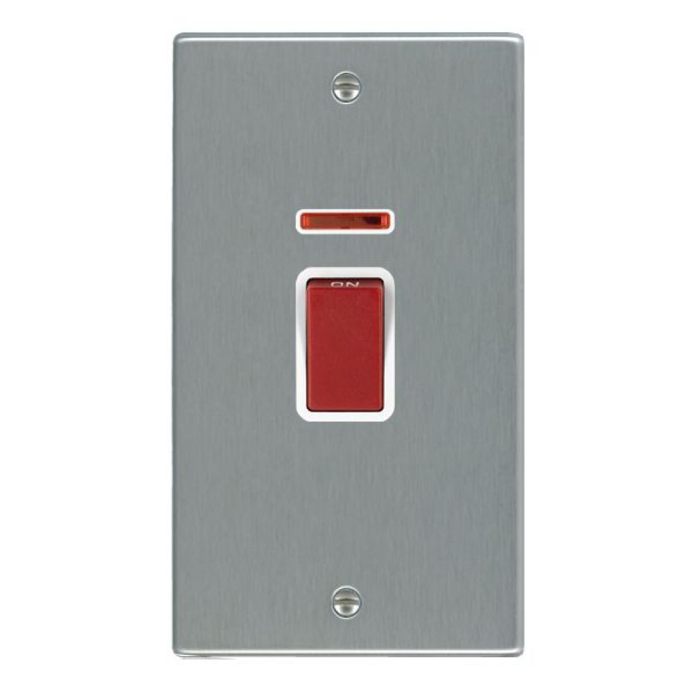 Hamilton Hartland Satin Stainless 1 Gang 45A Double Pole Red Rocker + Neon Vertical Mounted with White Surround
