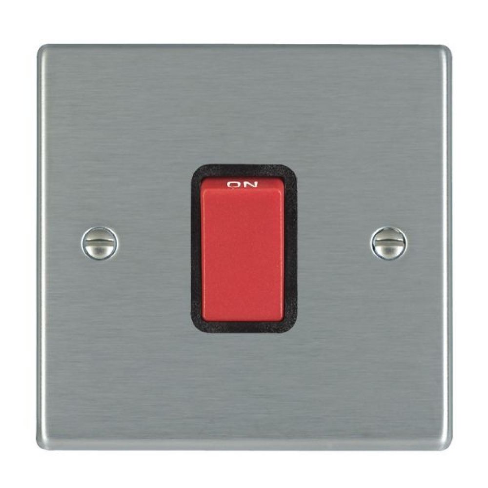 Hamilton Hartland Satin Stainless 1 Gang 45A Double Pole Red Rocker Switch with Black Surrounds