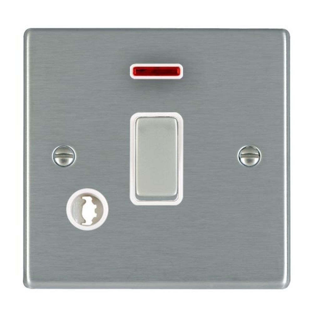 Hamilton Hartland Satin Stainless 1 Gang 20AX Double Pole Rocker Switch + Neon + Cable Outlet with White Inserts + White Surround
