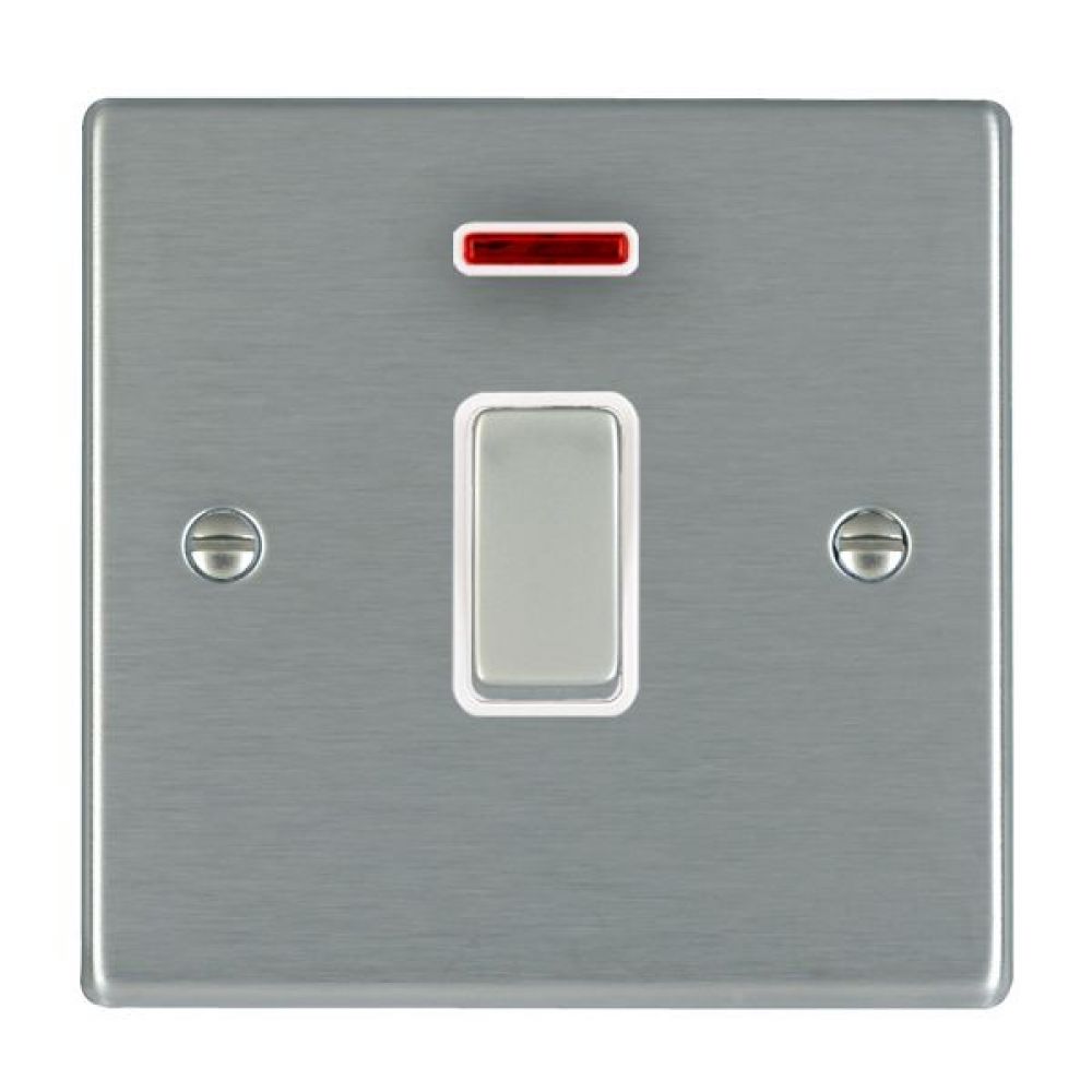 Hamilton Hartland Satin Stainless 1 Gang 20AX Double Pole Rocker Switch + Neon with White Inserts + White Surround