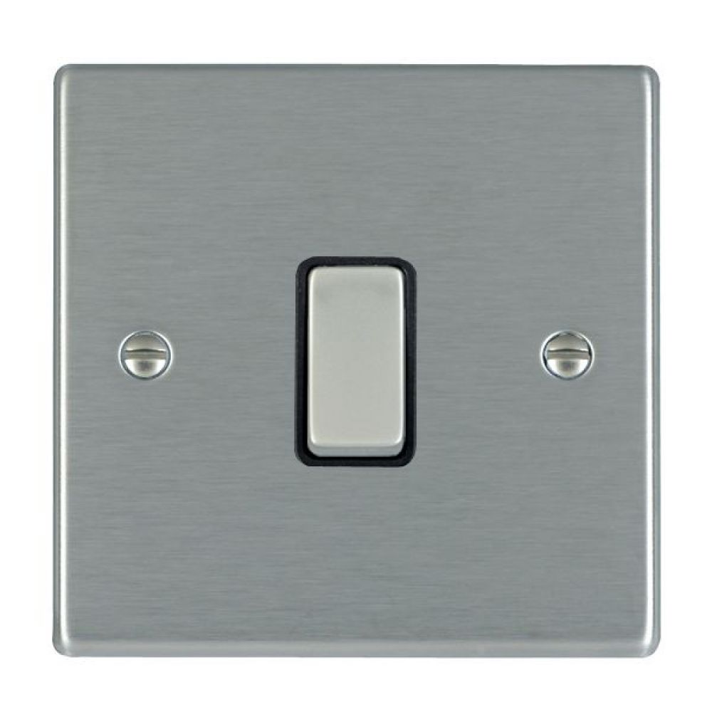 Hamilton Hartland Satin Stainless 1 Gang 20AX Double Pole Rocker Switch with Satin Stainless Inserts + Black Surround