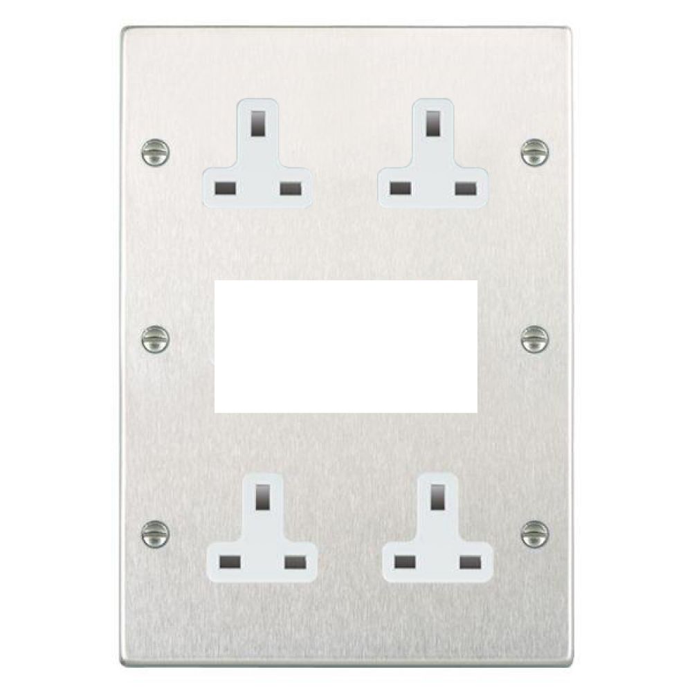 Hamilton Hartland Satin Stainless Media Plate EURO4 Aperture with 4 x 13A Unswitched Sockets with White Insert