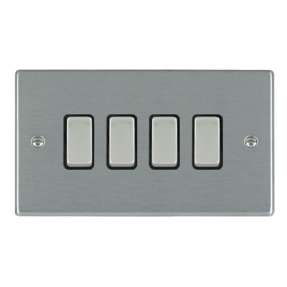 Hamilton Hartland Satin Stainless 4 Gang 10AX 2W Rocker Switch with Satin Stainless Inserts + Black Surround