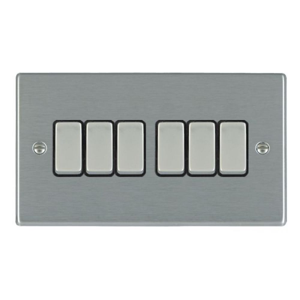 Hamilton Hartland Satin Stainless 6 Gang 10AX 2W Rocker Switch with Satin Stainless Inserts + Black Surround