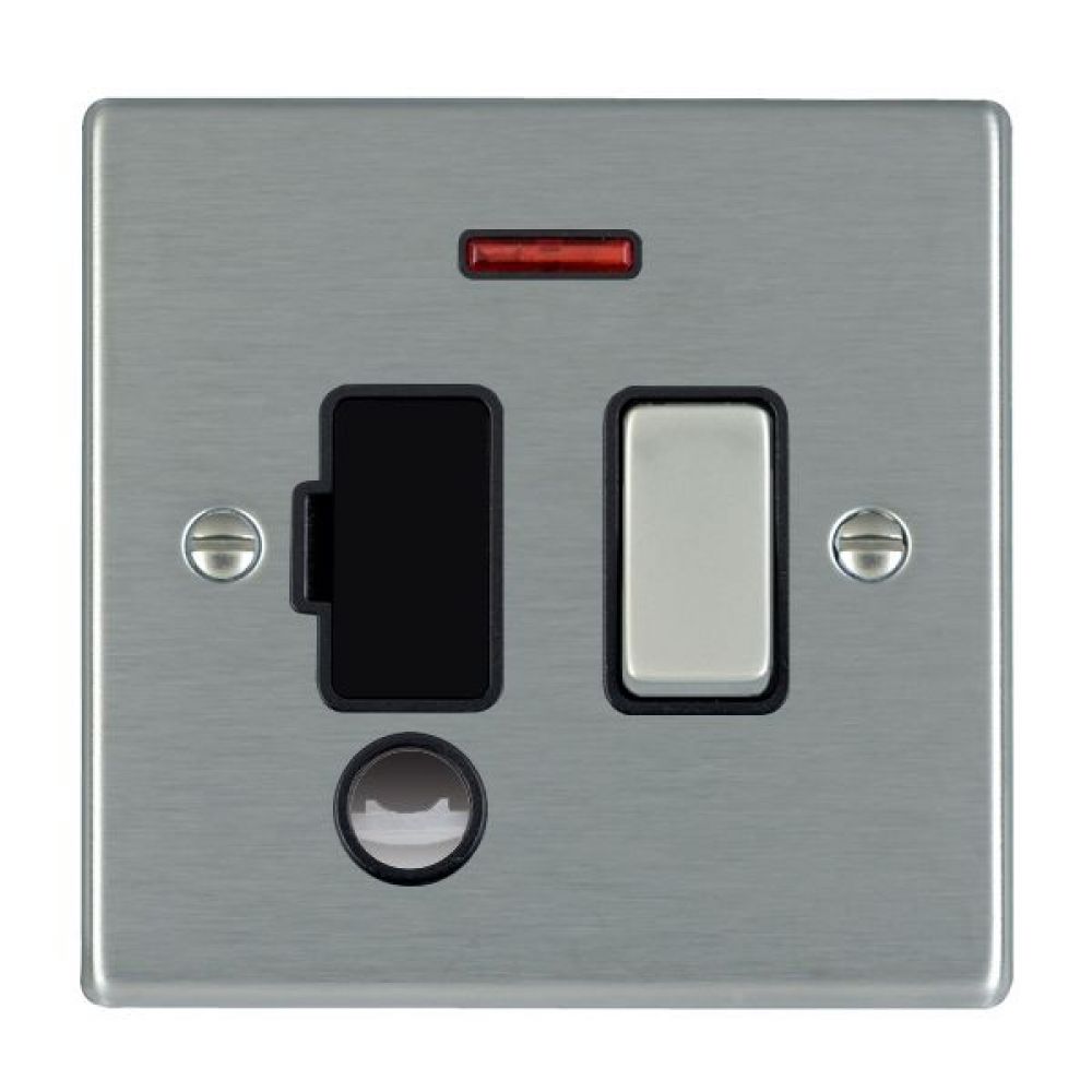 Hamilton Hartland Satin Stainless 1 Gang 13A Double Pole Fused Spur + Neon + Cable Outlet with Satin Stainless Insert + Black Surround