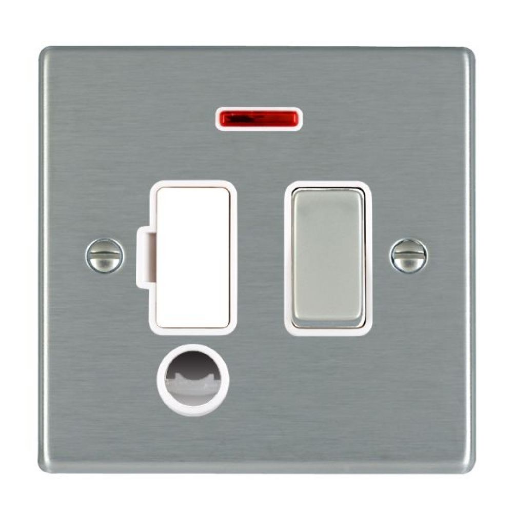 Hamilton Hartland Satin Stainless 1 Gang 13A Double Pole Fused Spur + Neon + Cable Outlet with Satin Stainless Insert + White Surround