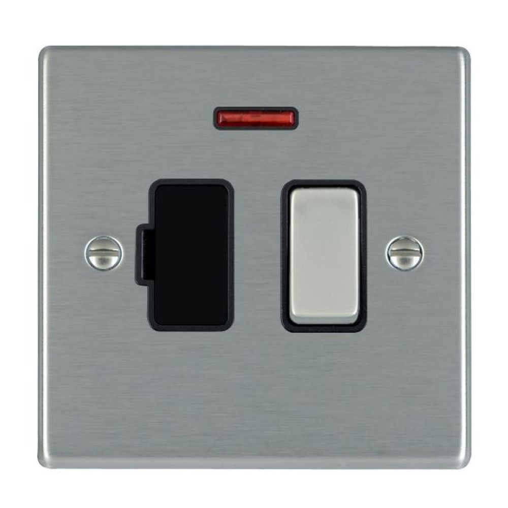 Hamilton Hartland Satin Stainless 1 Gang 13A Double Pole Fused Spur + Neon with Satin Stainless Inserts + Black Surround