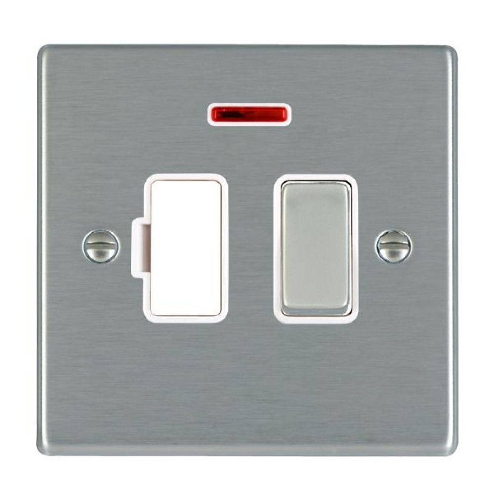 Hamilton Hartland Satin Stainless 1 Gang 13A Double Pole Fused Spur + Neon with Satin Stainless Inserts + White Surround