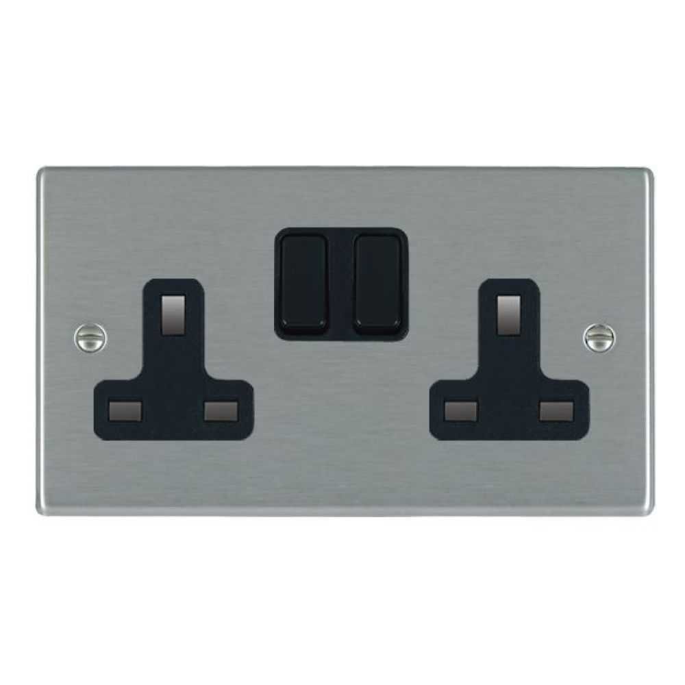 Hamilton Hartland Satin Stainless 2 Gang 13A Double Pole Switched Socket with Black Plastic Inserts + Black Surround