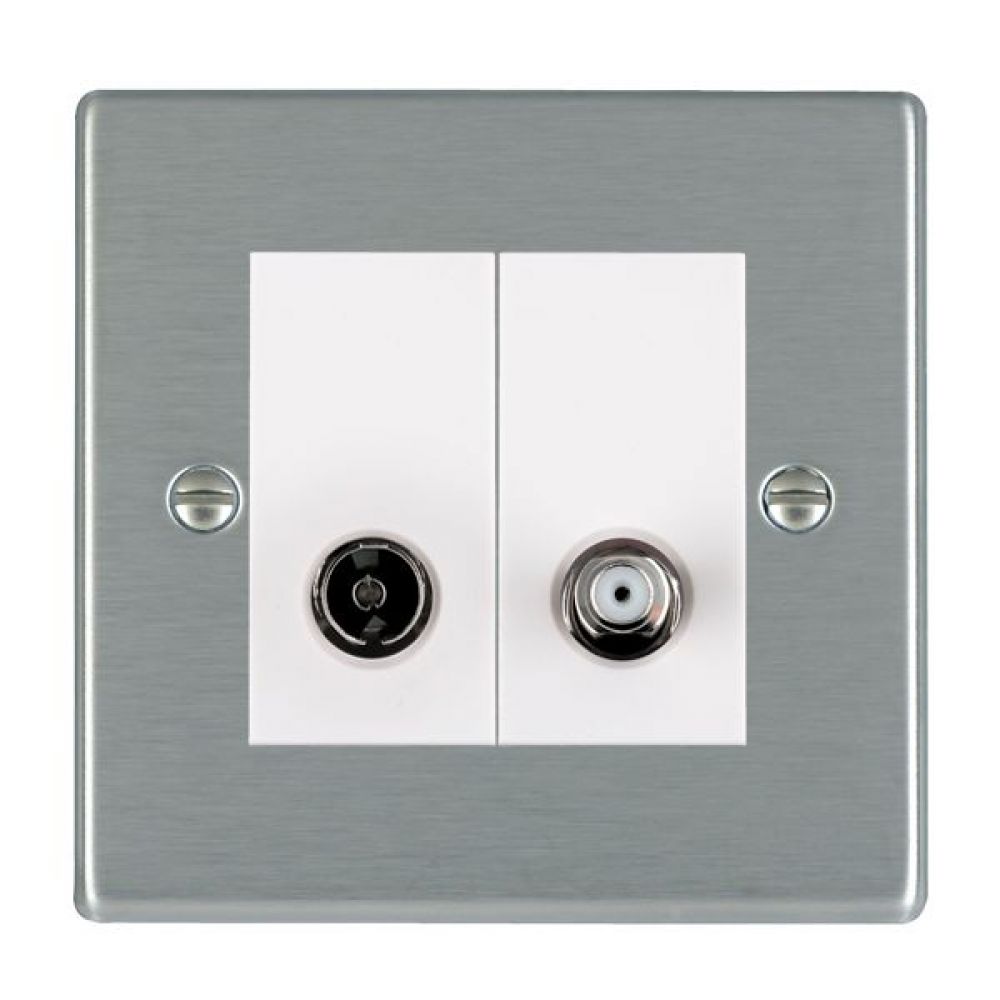 Hamilton Hartland Satin Stainless 2 Gang Non Isolated TV + Satellite 2 In/2 Out Socket with White Inserts