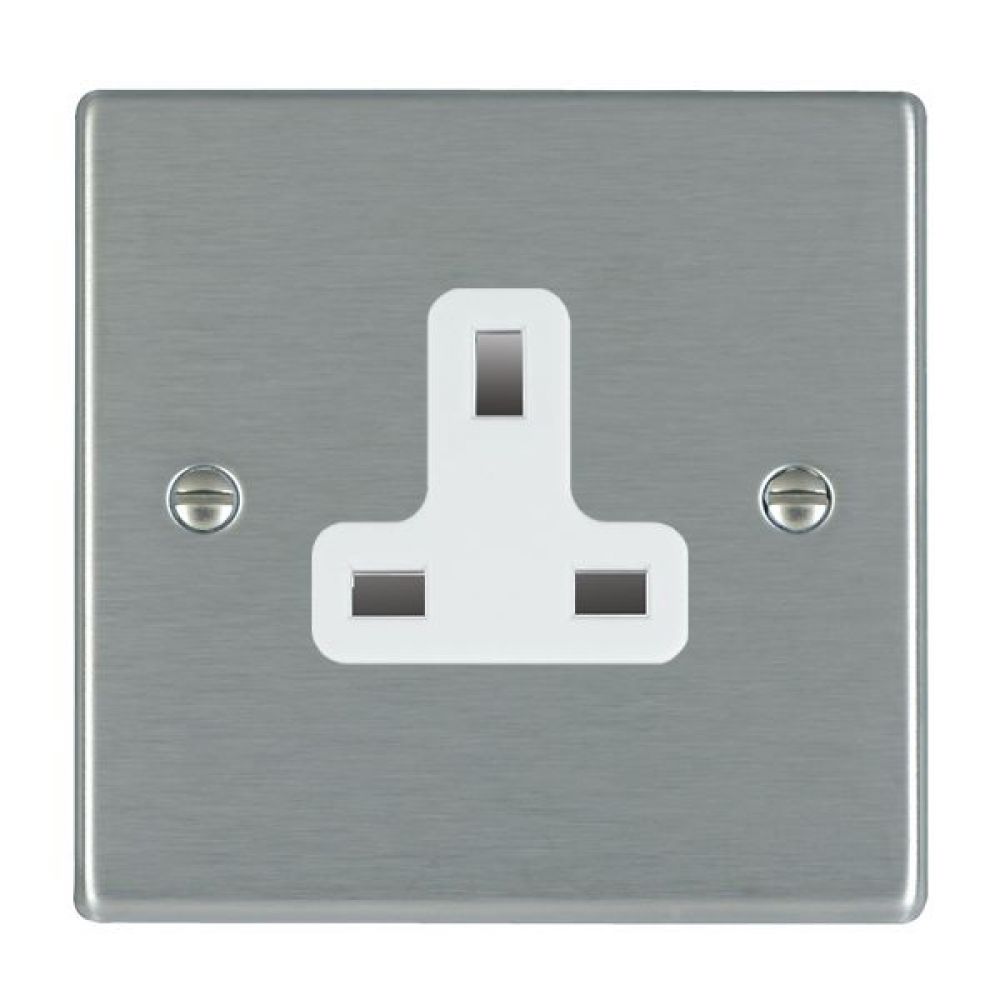Hamilton Hartland Satin Stainless 1 Gang 13A Unswitched Socket with White Plastic Inserts and White Surrounds