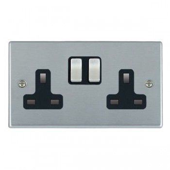 Hamilton Hartland Satin Chrome 2 Gang 13A Switched Socket - Double Pole with Black Insert