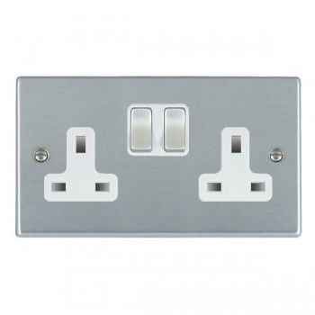 Hamilton Hartland Satin Chrome 2 Gang 13A Switched Socket - Double Pole with White Insert