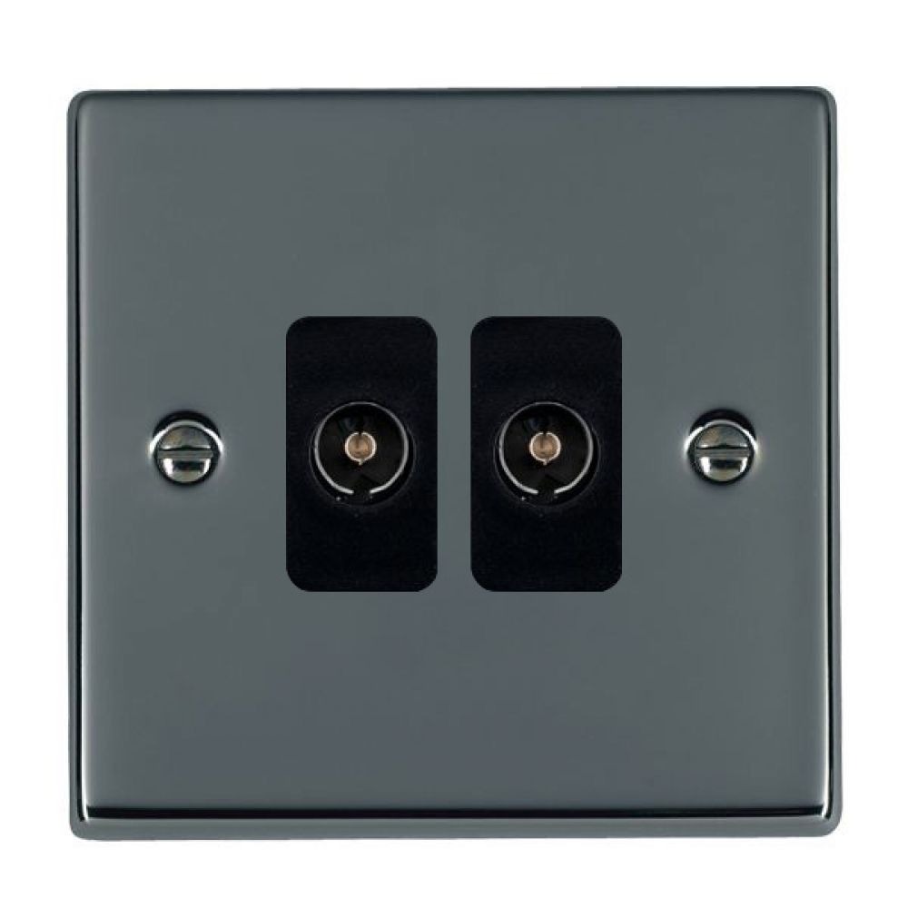 Hamilton Hartland Black Nickel 2 Gang Non Isolated TV 2 In/2 Out Socket with Black Inserts