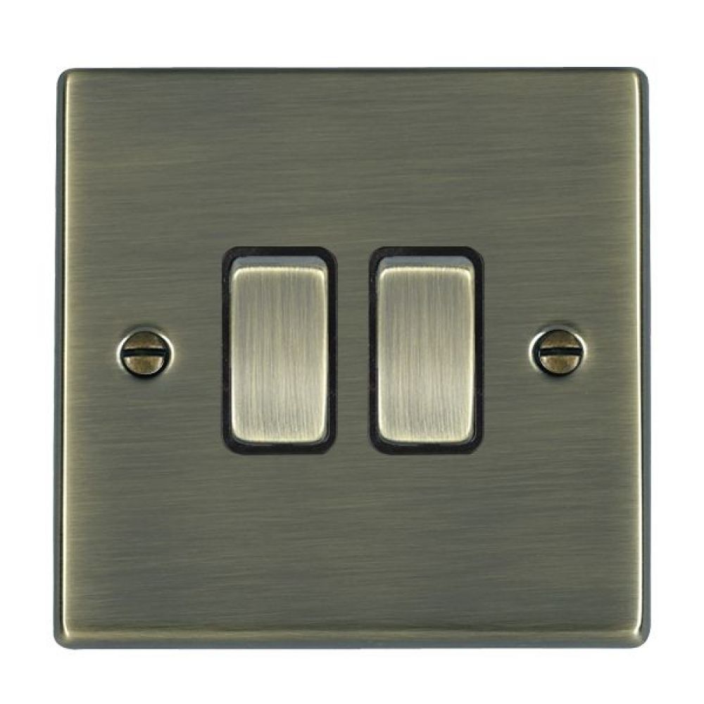Hamilton Hartland Antique Brass 2 Gang 10AX 2W Rocker Switch with Antique Brass Inserts and Black Surrounds