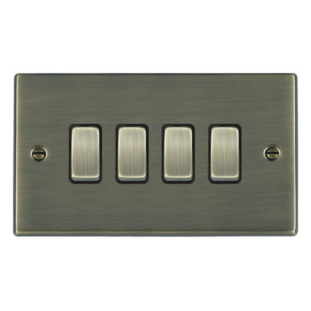 Hamilton Hartland Antique Brass 4 Gang 10AX 2W Rocker Switch with Antique Brass Inserts and Black Surrounds
