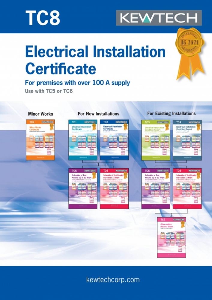 Kewtech New Installation Certificate for supplies over 100A